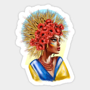 Ukrainian woman with national flag with wheat and flowers Sticker